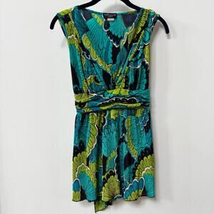 Cocomo Y2K Babydoll Top Tunic Size L Green Blue‎ Pleated Abstract Tie Back Boho